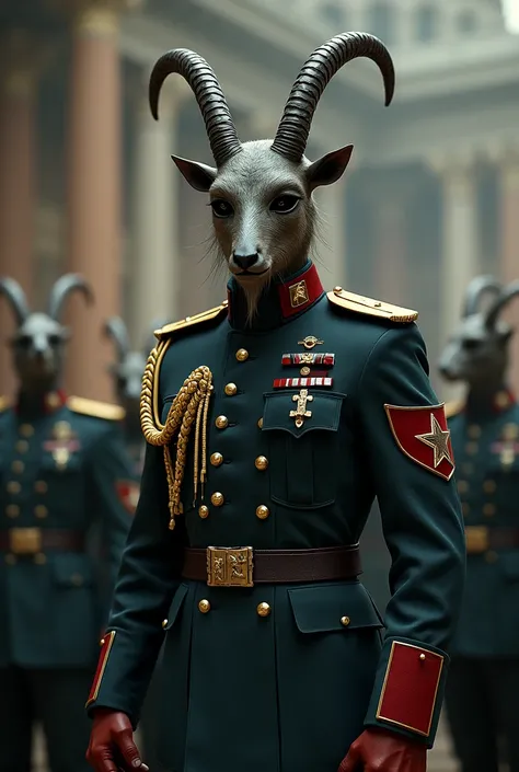 A general wearing a goats mask and a wristband with a red star logo on it 
