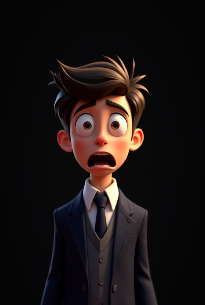 A smart animated school boy , surprised and in fear , black background 