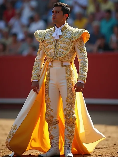 Wearing a white and gold bullfighter light suit.