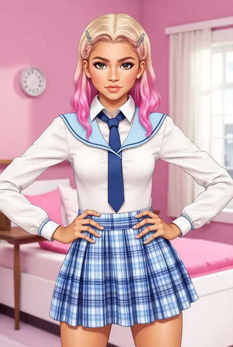 Create a hyper-realistic, live-action image of Zendaya cosplaying as Marine Kitagawa from My Dress-Up Darling. Zendaya has her signature long blonde hair styled with pink highlights and adorned with hairpins, resembling Marines pink hair. Her eyes are natu...