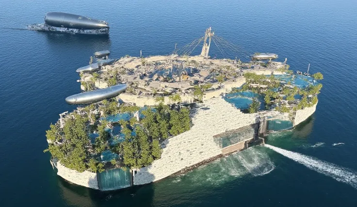 overhead UHD photograph of a bustling, fufuristic, sleek and stylish floating community on the ocean, it is self propelled with large fractal hexaganol solar paneled sails, powered with solar and a fusion generator, has wter that flows around the floating ...