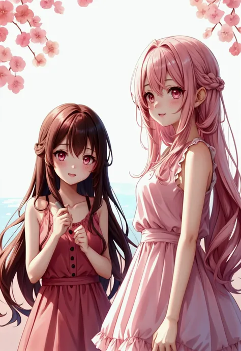 Girls in their 20s　Thin Pink Long Hair 　Wide Eyes　Brown Eye Color　 Sleeveless Pink Dress　anime　 Watercolor Style 


