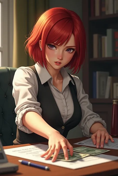 Short red hair girl takes money on desk