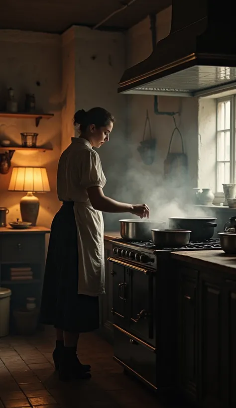 A bustling kitchen with a woman cooking on a coal-fired stove, pots steaming, walls darkened by soot, early 20th-century interior, traditional kitchen attire, warm lighting from a single lamp, medium shot, hyper-realistic, photo realism, cinematography, ar...