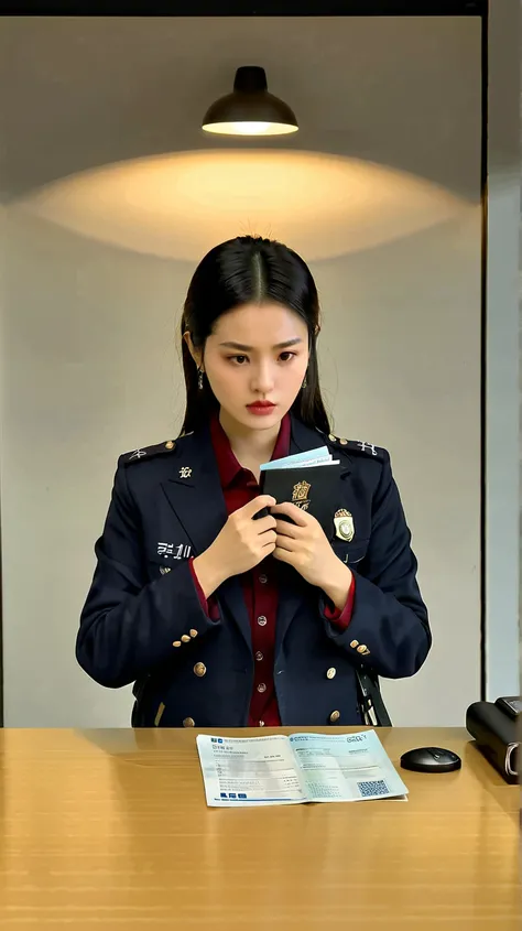 Hgraphic elements, Dynamic Light, Cinematics, HDR, UHD,PHOTOGRAPH OF “An image of a Chinese young woman  traveler reporting a lost passport at a italian  police station, with a sense of urgency and concern, highlighting the importance of quick action.”