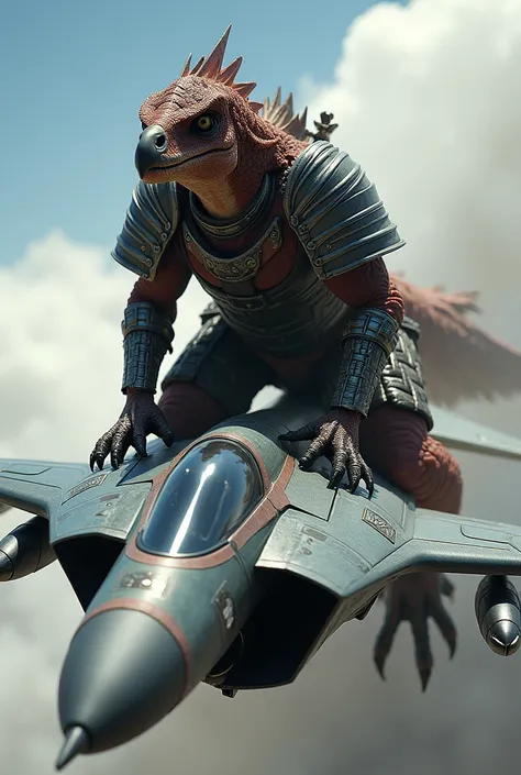 Create an image of a Samurai Raptor on a warplane