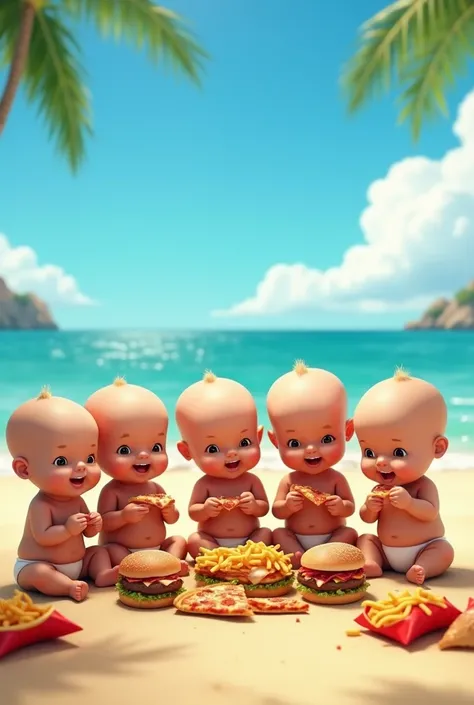 A realistic and colorful scene of five bald babies sitting together on the seashore. The babies are happily eating fast food such as pizza, burgers, and fries. The vibrant setting includes a sunny beach with gentle waves, golden sand, and bright blue skies...