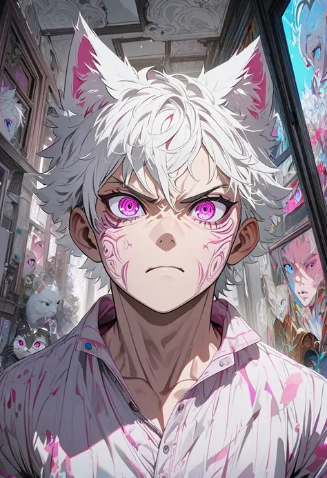 1 man,  white hair, Normal casual clothes, pink eyes,  serious expression ,  inside a house ,  cat ears, 4K,  slightly muscular body ,  detailed eyes ,  young adult man, 4K.  full body image, very detailed face, vivid colors