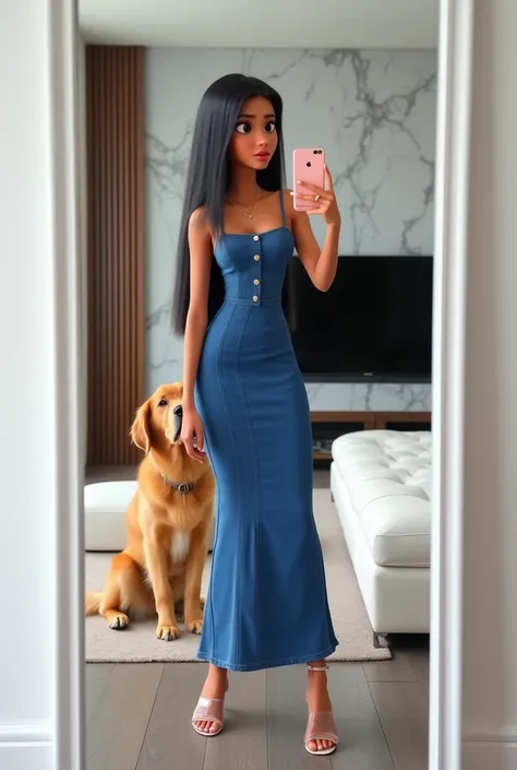 Woman 30 years, long straight black hair, wearing sleeveless long royal blue fitted jean tube dress with clear very high heel slide sandals, taking a selfie with a light pink iPhone posing infront of ceiling height wide white trim rectangular mirror agains...