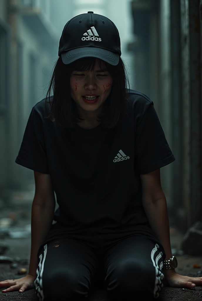 Japan adidas girl wear cap adidas black and t-shirt adidas black and adidas pants black with three stripes and shoe black adidas  and she was napped and was killed and blood out and she eyes was white and she mouth bleed out and passed out