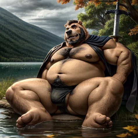 Big chubby, very fat, facial hair, lots of body hair, fat and saggy chest with a big moobs, anthropomorphic bear old daddy, wearing a black cape on his back and thin underwear while leaves a long sword stuck in the ground, with a cut scar on your eye, sitt...