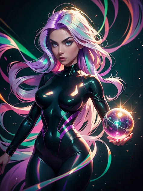 Masterpiece, best quality, 1girl, with long flowing iridescent hair in shades of purple, blue, and green, wearing a sleek black bodysuit, standing in a dramatic pose with one hand on her hip and the other holding a glowing, magical crystal ball. In the bac...