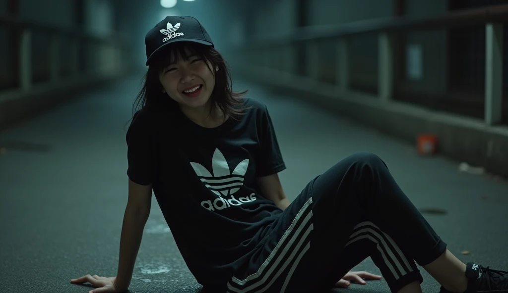 Japan adidas girl wear cap adidas black and t-shirt adidas black and adidas pants black with three stripes and shoe black adidas  and she was napped and was killed and blood out and she eyes was white and she mouth bleed out and passed out