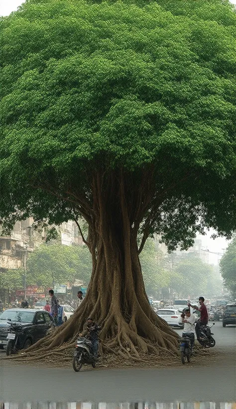 **Prompt:** "A realistic and surreal depiction of a large peepal tree walking down a busy city road, its roots transformed into thick, animated legs stepping gracefully on the pavement. The tree has dense green leaves and a wide canopy, creating a majestic...