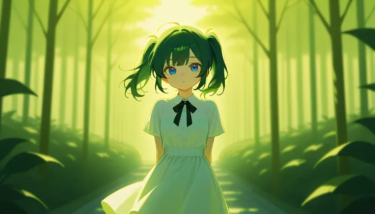 Innocence, dark green hair, twintails, arms behind the back, white dress, black tie at the waist, A girl, blue eyes