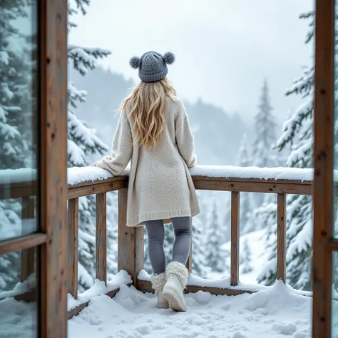 "} A wintery scene on a snow-covered balcony in the mountains . A blonde woman with long hair stands relaxed with her back to the camera,  while she is on a railing Leans and looks at the snow-covered landscape .  She is wearing a roughly knitted ,  cream-...