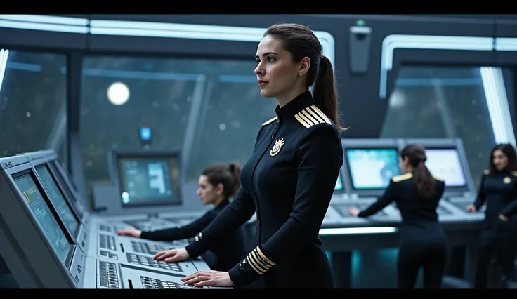 Ultra-realistic scene of a commanding captain with a stern yet compassionate expression, standing at the helm of a futuristic spaceship bridge. She is dressed in a uniform adorned with insignias of rank, giving orders with a focused demeanor. The camera ci...