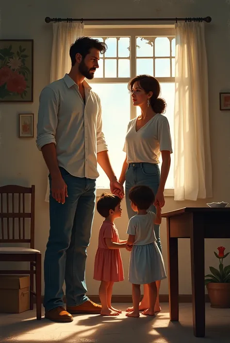 a father, a mother and a boy and a girl ,  in a home with broken windows and an empty table