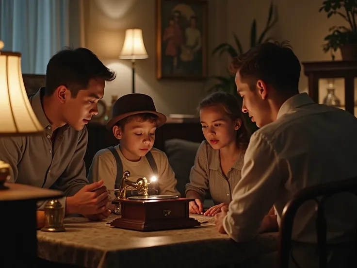 A family gathered around a phonograph, listening intently to music, soft evening lighting, early 20th-century furniture and attire, cozy living room setting, medium shot, hyper-realistic, photo realism, cinematography, ar 9:16