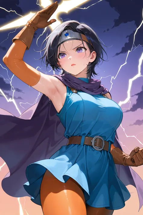 ((Woman chanting a spell:1.5))、A little blush、lipstick、Dragon Quest 3s female heroine uses lightning magic.cowboy shot、forehead protector, Arm up、Detailed hand、Hand、Perfect hand, adult woman、 black hair shortcut、Blue flared mini skirt、 dynamic composition ...