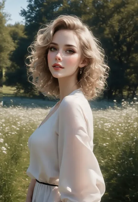 (masterpiece:1.2), ( best quality:1.2), Perfect eyes,  perfect face without magic circle,  perfect lighting , 1 woman, mature woman in the field,  medium blond hair , curly hair,  detailed clothing , Detailed outdoor background, makeup,  eyeshadow , Dark e...