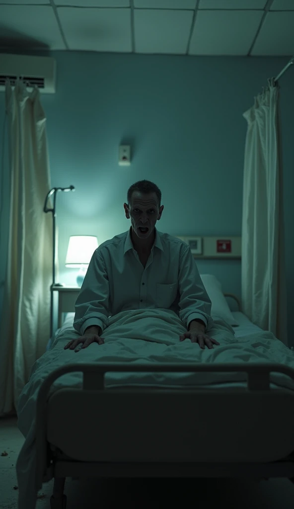 man, , terrifying,  at night,  sitting on a hospital bed 