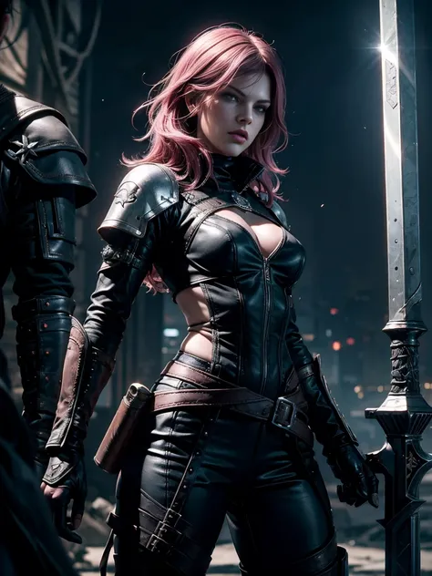 Space Pirate Milla Jovovich, arafed woman in a black outfit with a gun in her hand, witcher)), from witcher (2021), the witcher, cyberpunk dark fantasy, witcher, diablo 4 queen, mother of witchers, she is holding a sword,  vampire queen, cinematic goddess ...