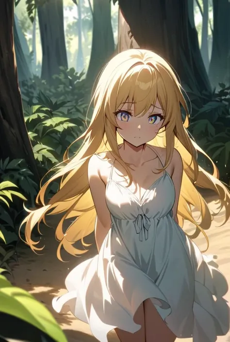 A beautiful anime-style girl standing on a sandy beach with a dense tropical forest in the background. She has long, flowing golden blonde hair and captivating features that exude natural beauty. Her expression is one of deep worry, her wide, expressive ey...