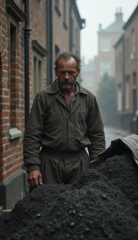 A coal delivery worker unloading sacks of coal outside a house, dark clouds of dust rising, brick buildings in the background, early 1900s industrial city, worn-out clothing, and sweat-streaked face, medium shot, hyper-realistic, photo realism, cinematogra...