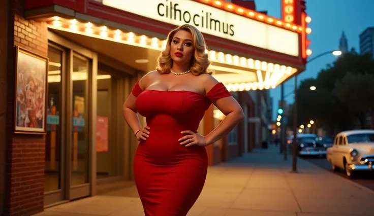 Ultra-realistic retro 1950s scene featuring a stunning, sexy woman with a curvy hourglass figure, large voluminous breasts, and a small waist. She is elegantly posed in front of a vintage cinema entrance with a glowing neon marquee that reads Now Showing. ...