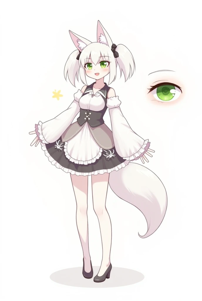 1girl, character sheet, nps, character drawing, different angles, back view,legs, eye, separate eyes, separate hand, character sheet, gloves, fox ears ,fox tail,hairstyle: two ponytails ,cute green eyes ,white hair  , cleavage 