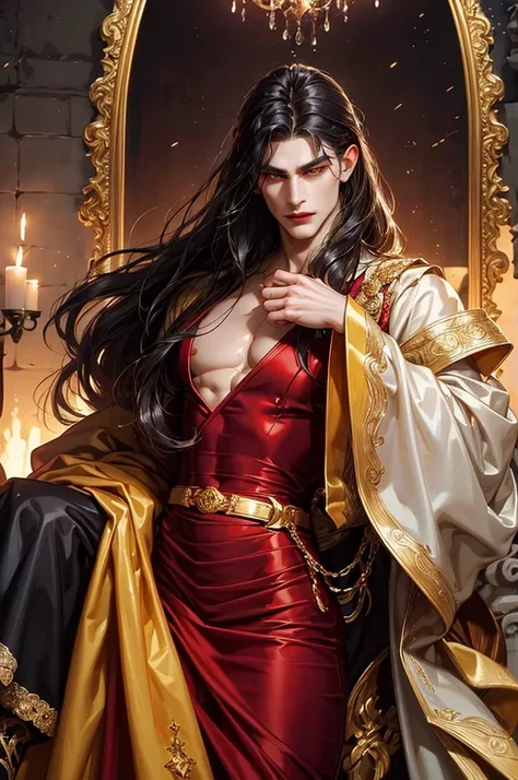 Vampire slim and strong handsome male, narrow waist, tanned skin with gold shine, long black hair, bouffant hairstyle, oval face, prominent cheekbones, plucked arched eyebrows, big deep-set yellow eyes, long greek nose, wide mouth, full dark red lips, wear...