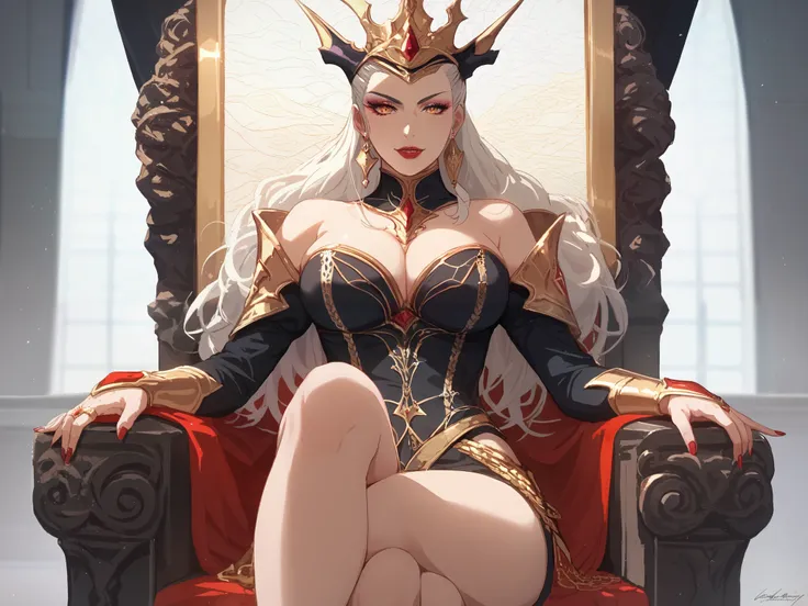  anime style image of a woman ,  sitting on a throne with a crown on her head , character portrait by Jan J, pixiv, under the art ,  cushart krenz key art feminine,  beautiful fantasy empress , (( beautiful fantasy empress )),  Astry Lone , artwork in the ...