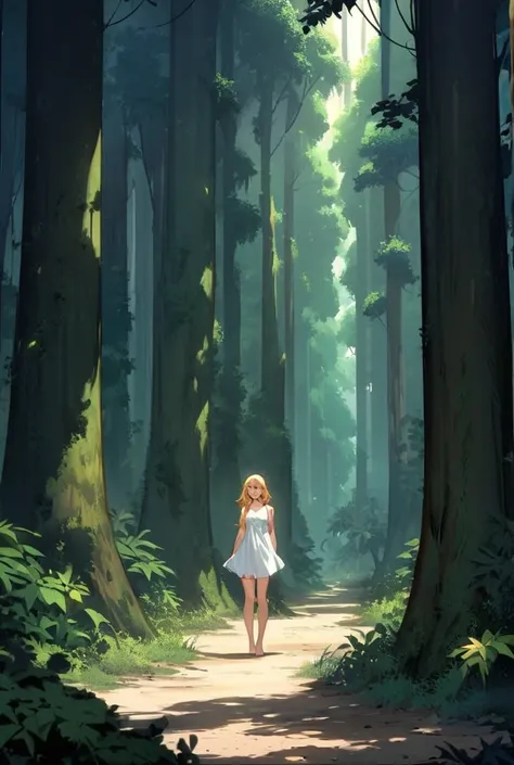 A beautiful and nude anime-style girl standing on a sandy beach with a dense tropical forest in the background. She has long, flowing golden blonde hair and captivating features that exude natural beauty. Her expression is one of deep worry, her wide, expr...