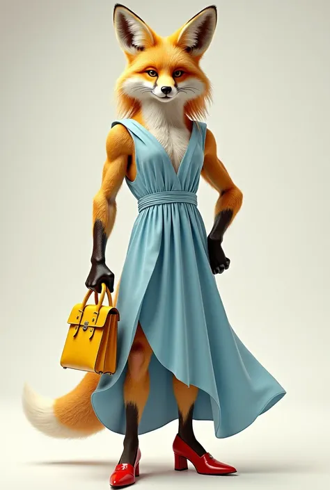  male fox in light blue dress with red high heels, blond long hair , brown three-day full beard and yellow handbag. 