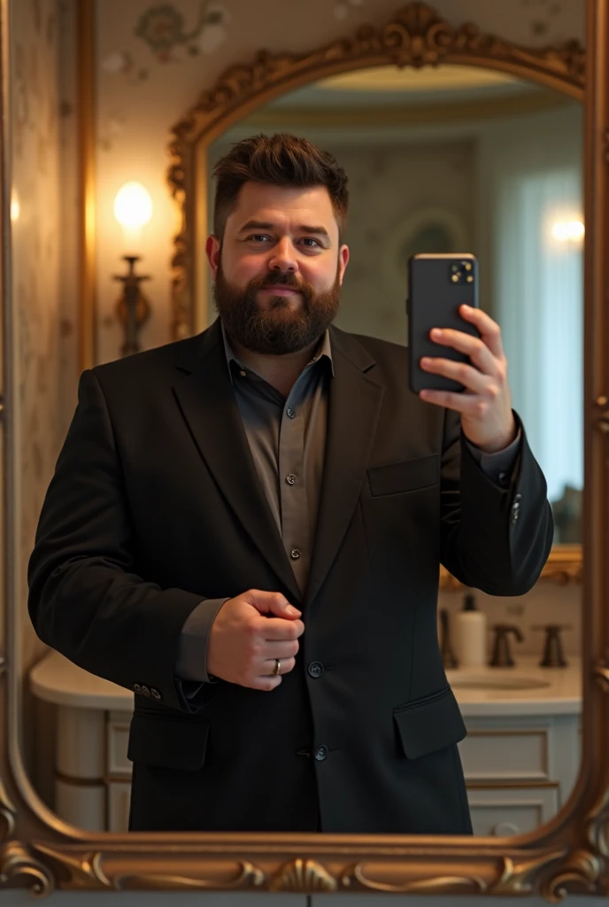 Short haired young white man , chubby  ,with beard , high  ,  taking a picture with an iPhone in a mirror in an elegant bathroom , elegant dress all in black  .