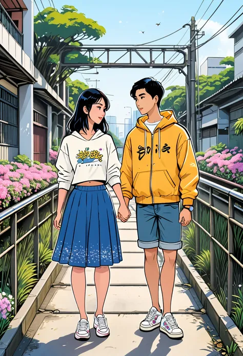 create a comic style image of two young lovers, standing, holding hands, on the walkway on the side of a metal bridge in the middle of a city in a Bangkok neighborhood, she is a beautiful young Asian girl with long black hair, brown eyes, dressed in a long...