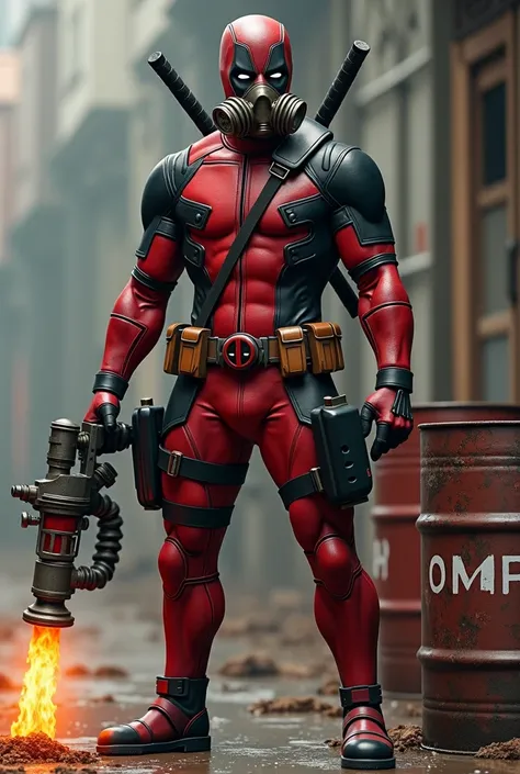 Deadpool avec un masque à gaz et un lance flamme, avec à côté un baril de pétrole écrit OMGP 