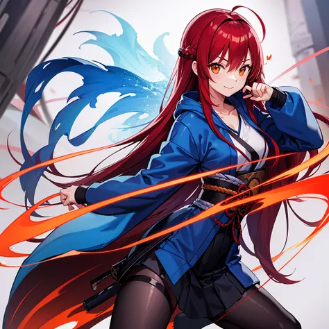 holding Katana, The blade of the Katana is blue, the set up, 1girl, solo, Japanese Kyoto, red hair, long hair, orange eyes, flat chest, slim figure, smile, hoodie,  perfect anatomy