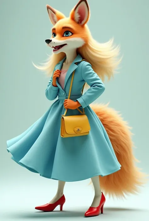  male fox in light blue dress with red high heels, blond long hair , brown short full beard and small yellow handbag. 