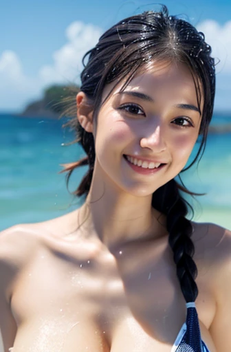 (8k), (highest quality: 1.2), (realistic), (realistic: 1.37), ultra high resolution, 1 girl, cute, smile, closed mouth, beautiful details, beautiful nose, whole body, twin tails , wet hair, (Completely naked),beach