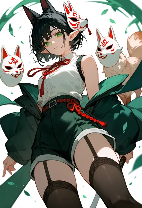 Elf Girl, Fox Mask ,Black hair,Pointed ears, chainsaw art, White Sleeveless Top, Shorts Long Stockings,Multiple Belts ,Short hair, in green eyes 