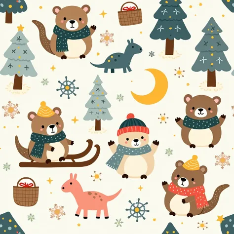 Pattern 2 , is expressed in a simple style ,  pattern .  consists of repeated motifs and soft pastel colors {x} with a cozy winter-themed scene and cute costumes outside of the festival People are characteristic,  is expressed in a simple style .  Each ele...