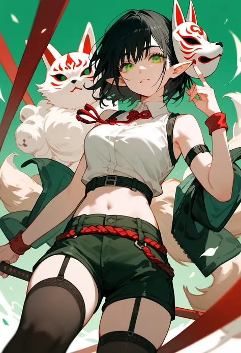 Elf Girl, Fox Mask ,Black hair,Pointed ears, chainsaw art, White Sleeveless Top, Shorts Long Stockings,Multiple Belts ,Short hair, in green eyes 