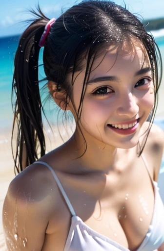 (8k), (highest quality: 1.2), (realistic), (realistic: 1.37), ultra high resolution, 1 girl, cute, smile, closed mouth, beautiful details, beautiful nose, whole body, twin tails , wet hair, (Completely naked),beach