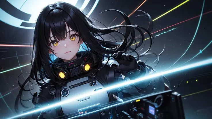 from future intelligence, technology background, complex mystery, unexpected variables, sudden result, strange things, transient waves, light fog, colorful signals, confident look, space black pioneer dress, yellow eyes, black hair