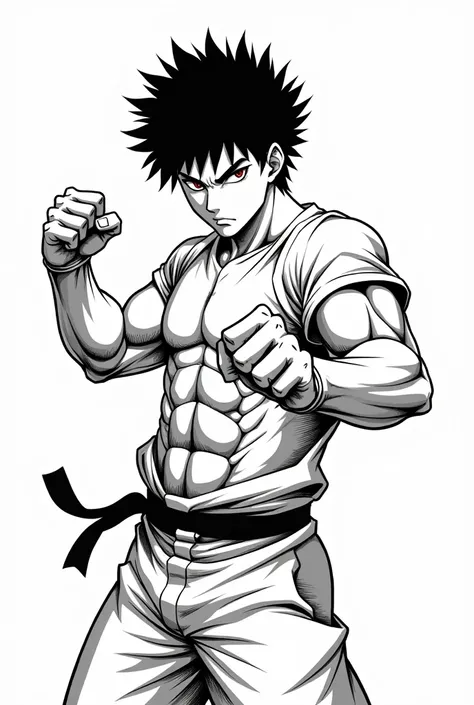 A black and white image of Baki Hanma in a fighting position in anime style drawing 