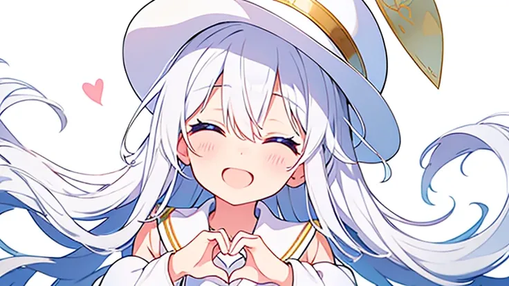 Pure white background、 is bursting out laughing、 Im making a heart with my hands 、  white hat with gold decoration、Long white hair、Sailor&#39;   white uniform 