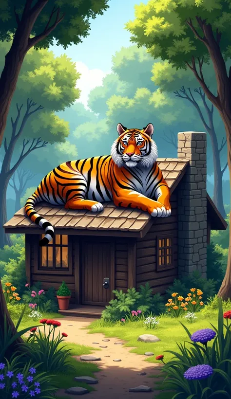 **"Create a highly detailed digital illustration of a serene forest scene featuring a small wooden log cabin with a stone chimney on its right side. The cabins roof is slightly weathered, and a majestic tiger with striking orange fur, bold black stripes, a...