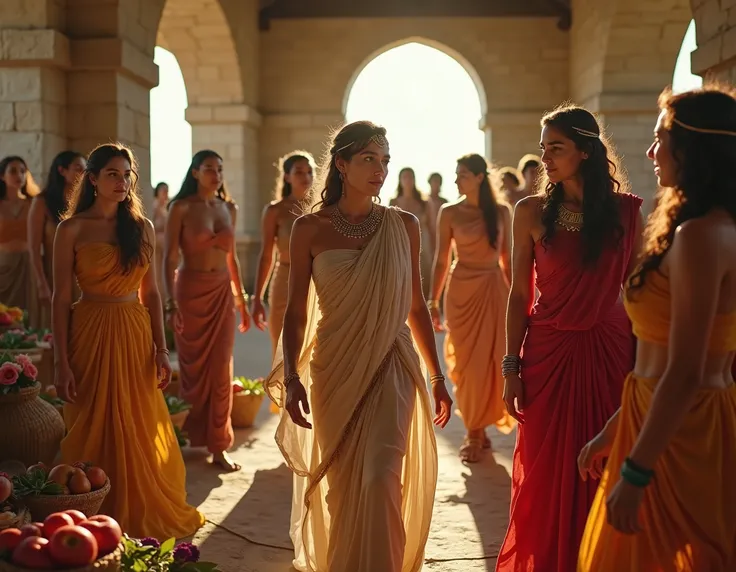 "A group of women from Lemnos prepare for the arrival of the Argonauts. They adorn themselves with brightly colored fabrics, gold jewelry and fresh flowers; their expressions are a mix of nervousness and excitement. Hypsipyle, standing in the center, wears...